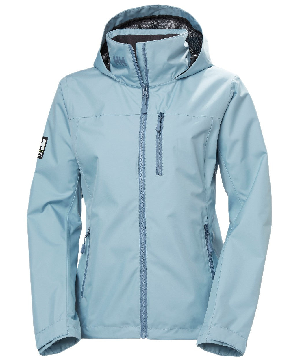 Windy Blue Coloured Helly Hansen womens crew hooded sailing jacket 2.0 on white background 