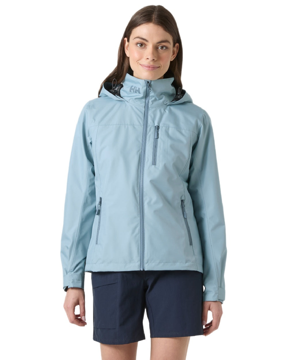 Windy Blue Coloured Helly Hansen womens crew hooded sailing jacket 2.0 on white background 