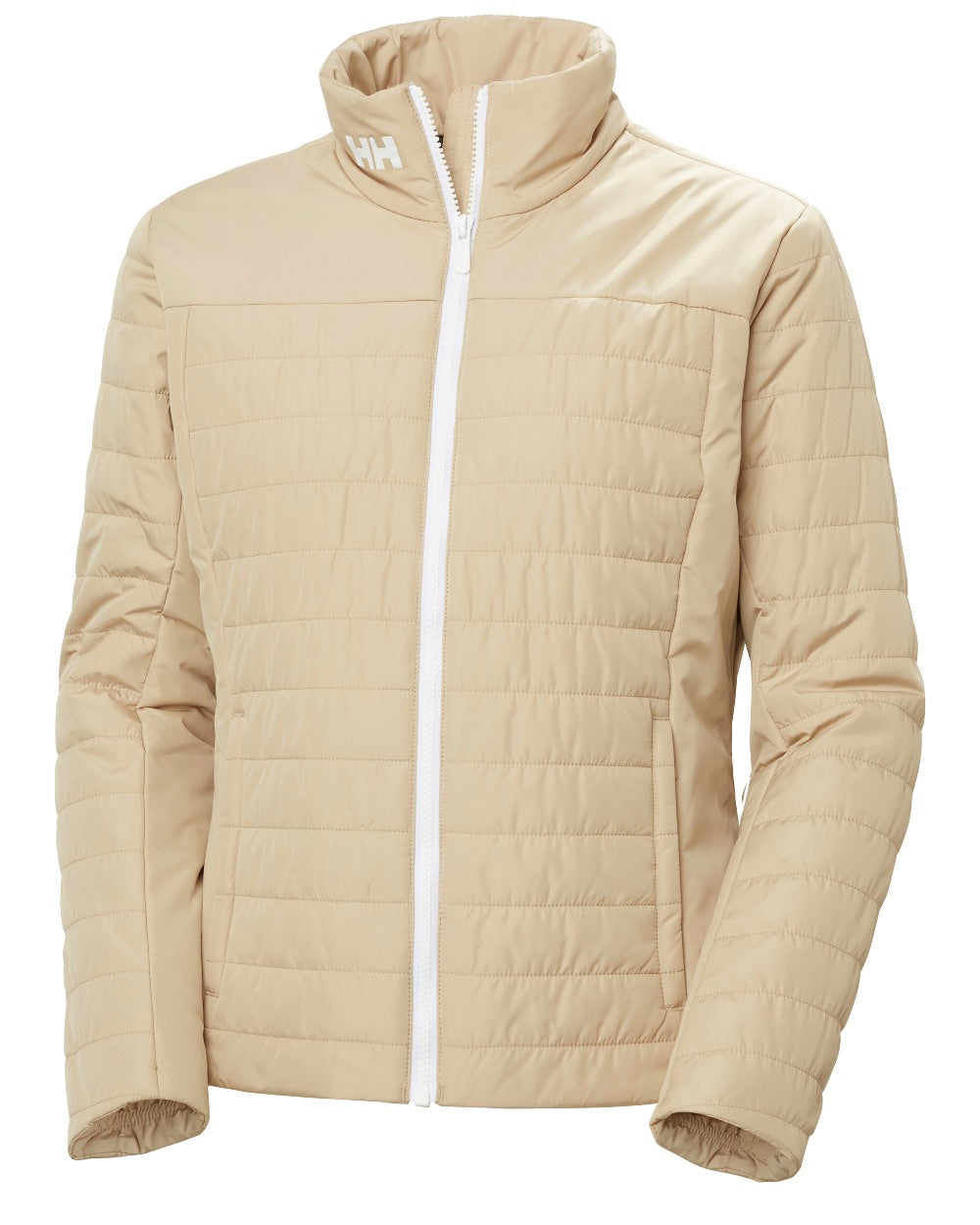 Khaki coloured Helly Hansen Womens Crew Insulated Sailing Jacket 2.0 on white background 