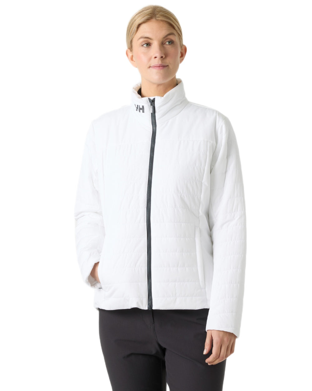 White coloured Helly Hansen Womens Crew Insulated Sailing Jacket 2.0 on white background 