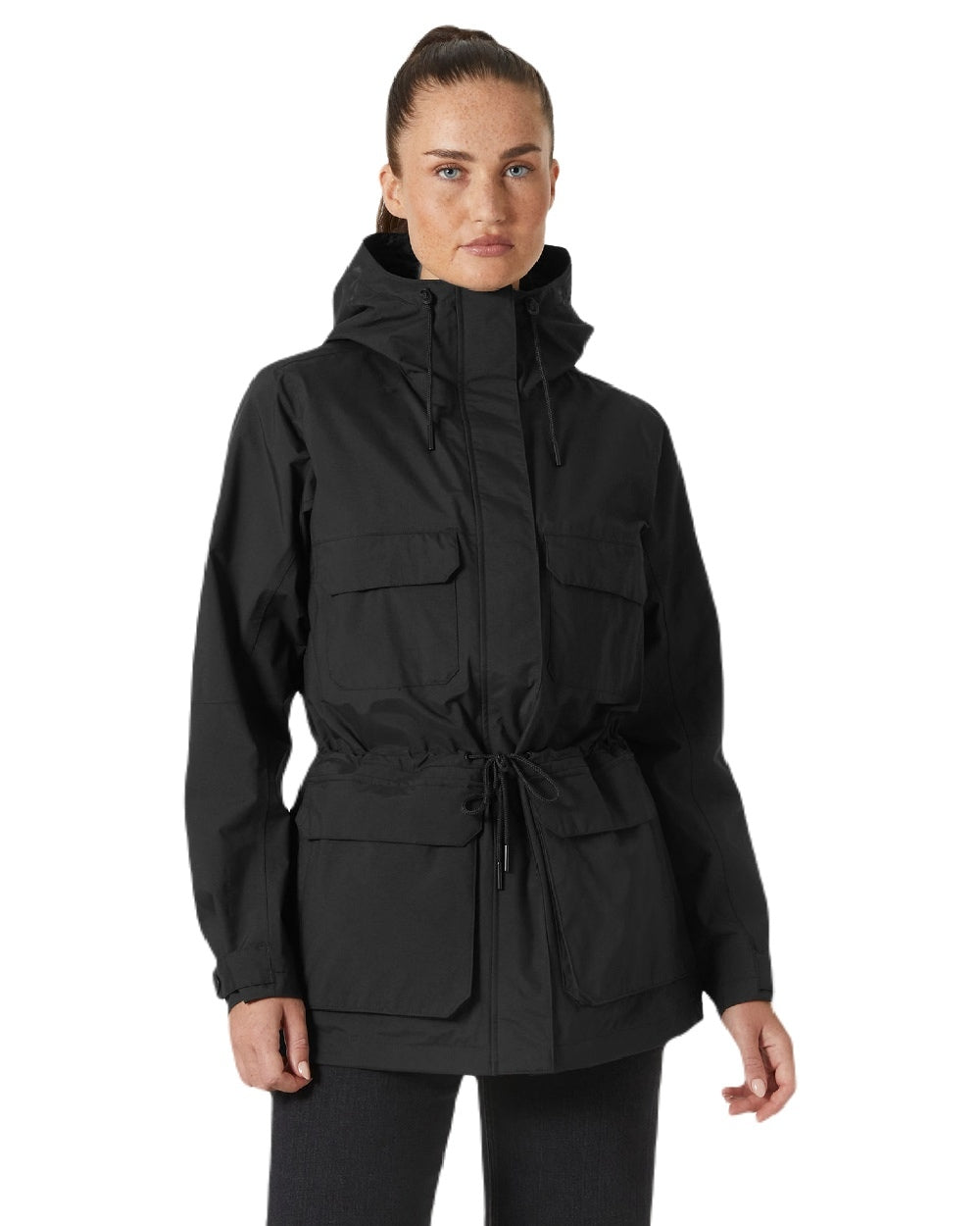 Black coloured Helly Hansen Womens Escape Utility Raincoat on white background 