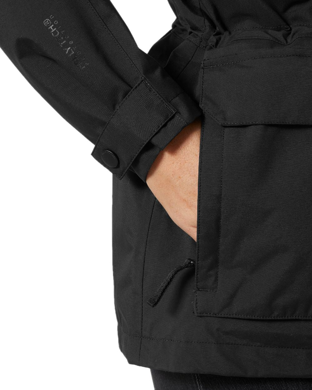 Black coloured Helly Hansen Womens Escape Utility Raincoat on white background 