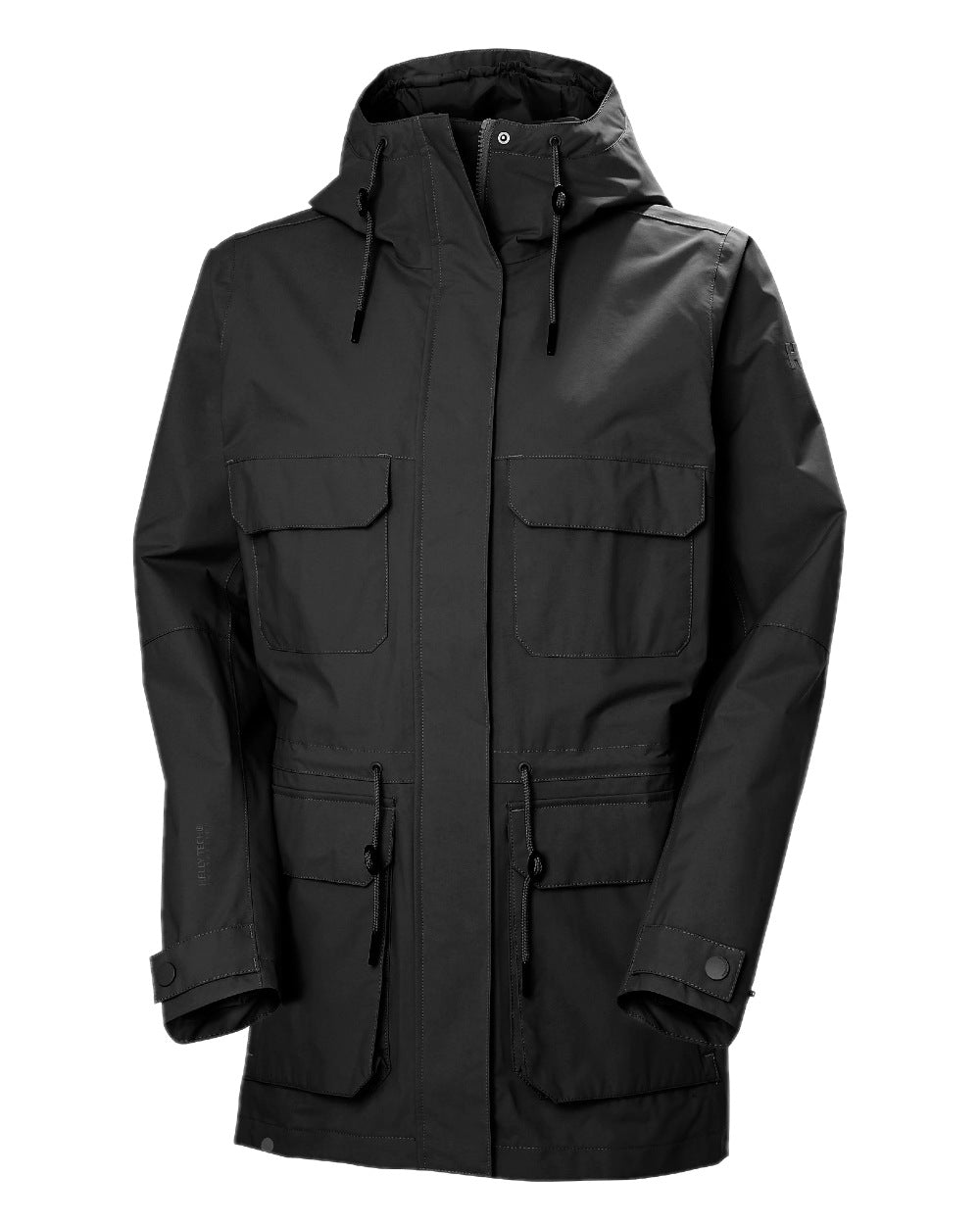 Black coloured Helly Hansen Womens Escape Utility Raincoat on white background 