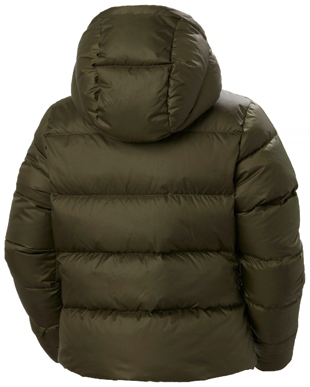 Utility Green Coloured Helly Hansen Womens Essence Down Jacket on white background 