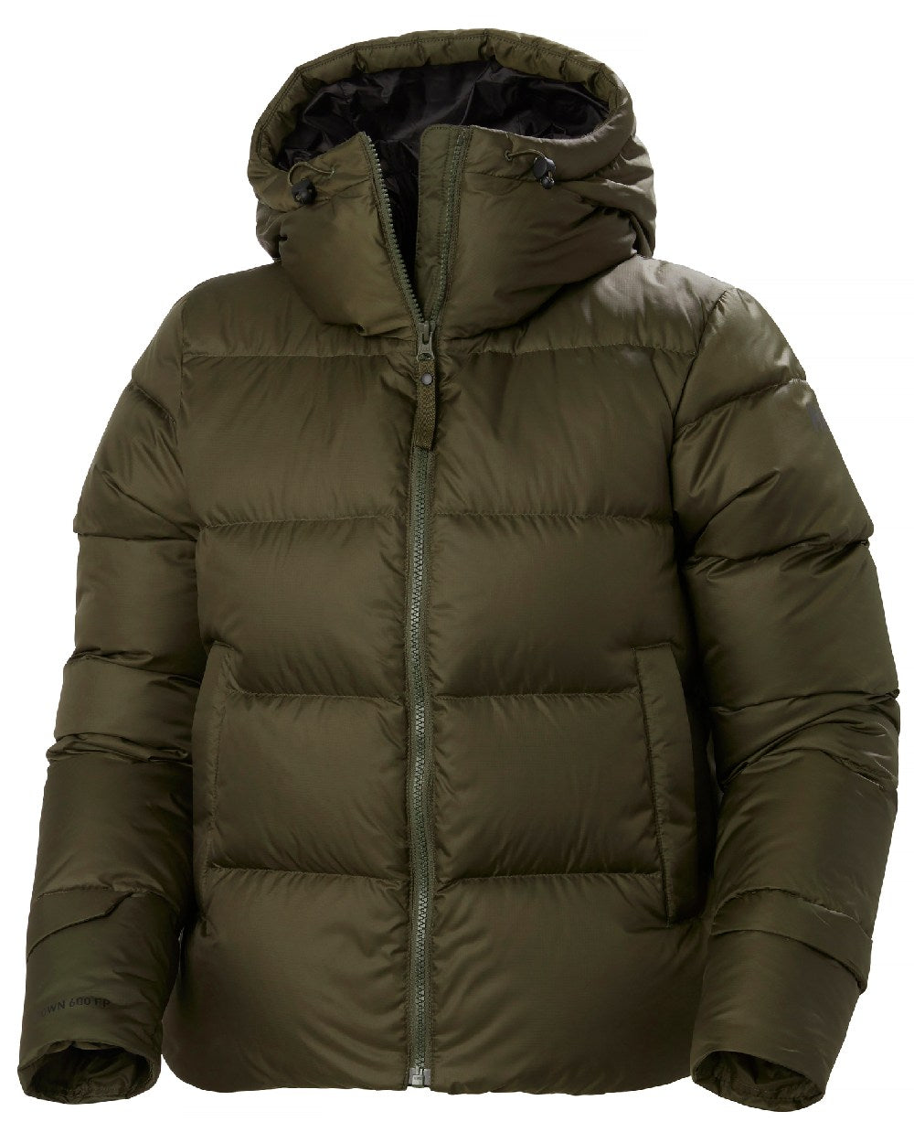 Utility Green Coloured Helly Hansen Womens Essence Down Jacket on white background 