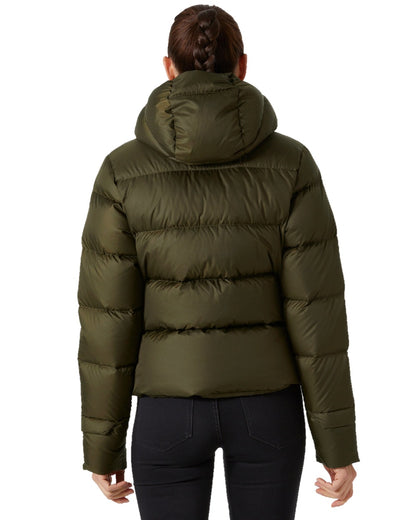 Utility Green Coloured Helly Hansen Womens Essence Down Jacket on white background 