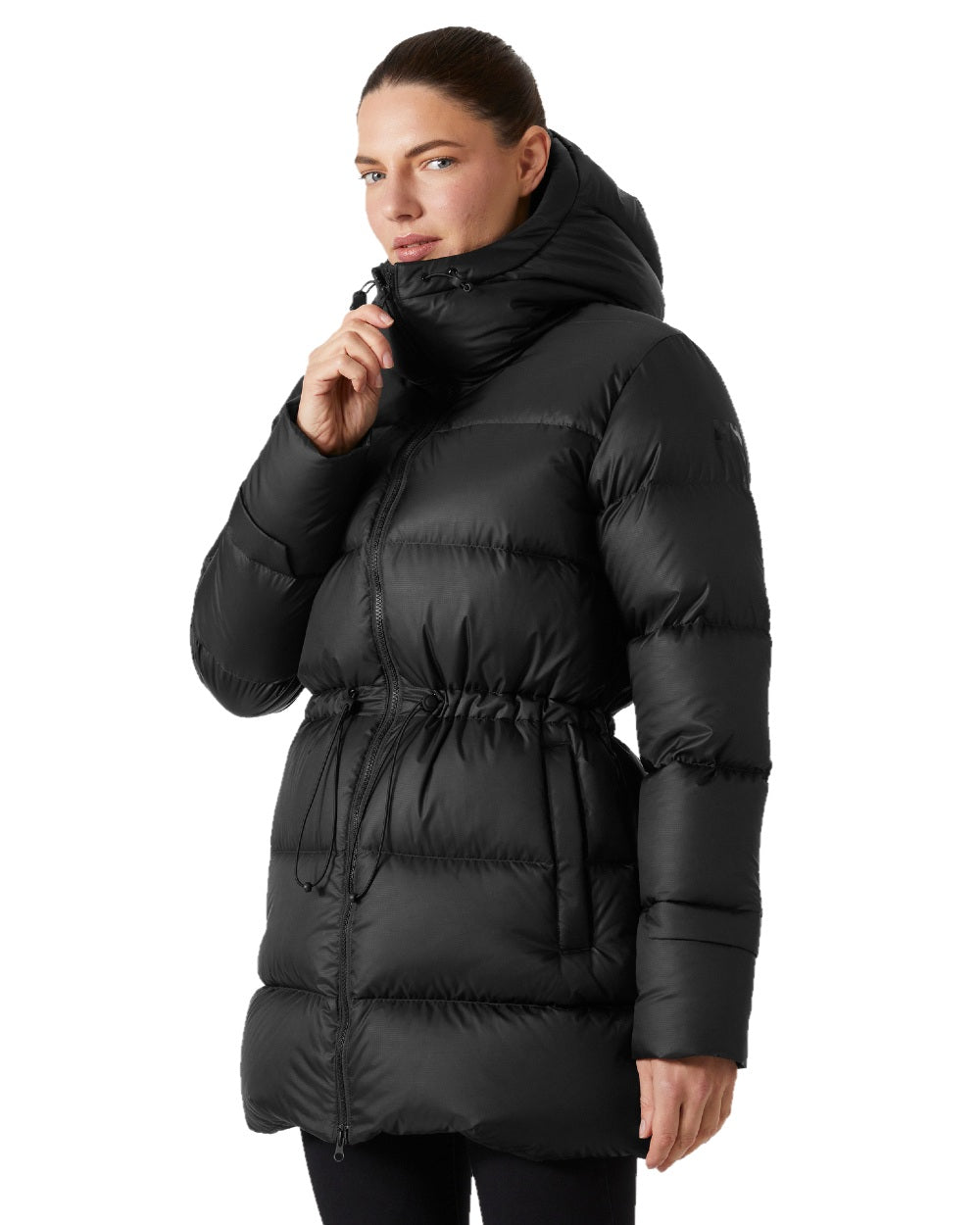 Black Coloured Helly Hansen Womens Essence Down Parka on white background 