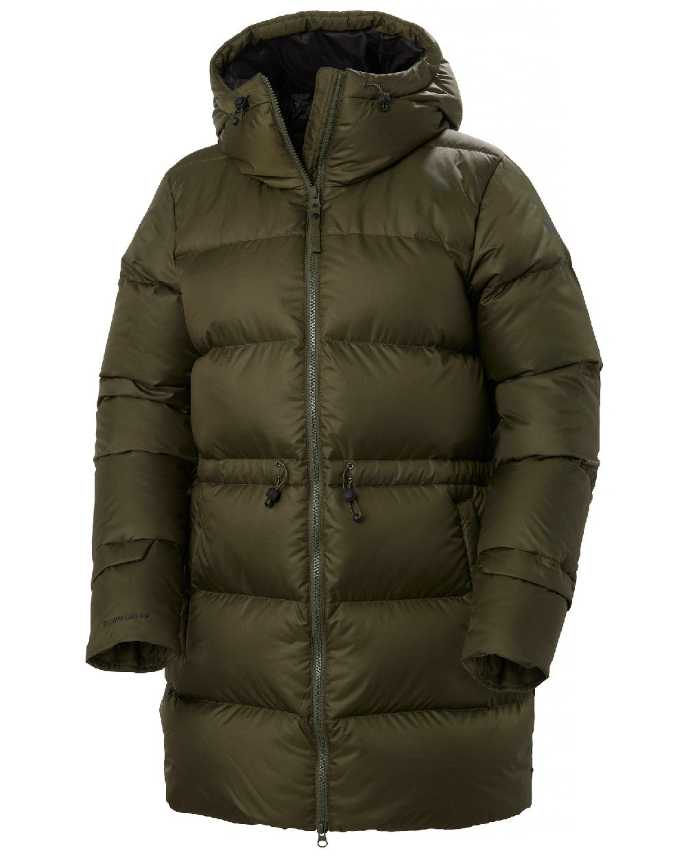 Utility Green Coloured Helly Hansen Womens Essence Down Parka on white background 