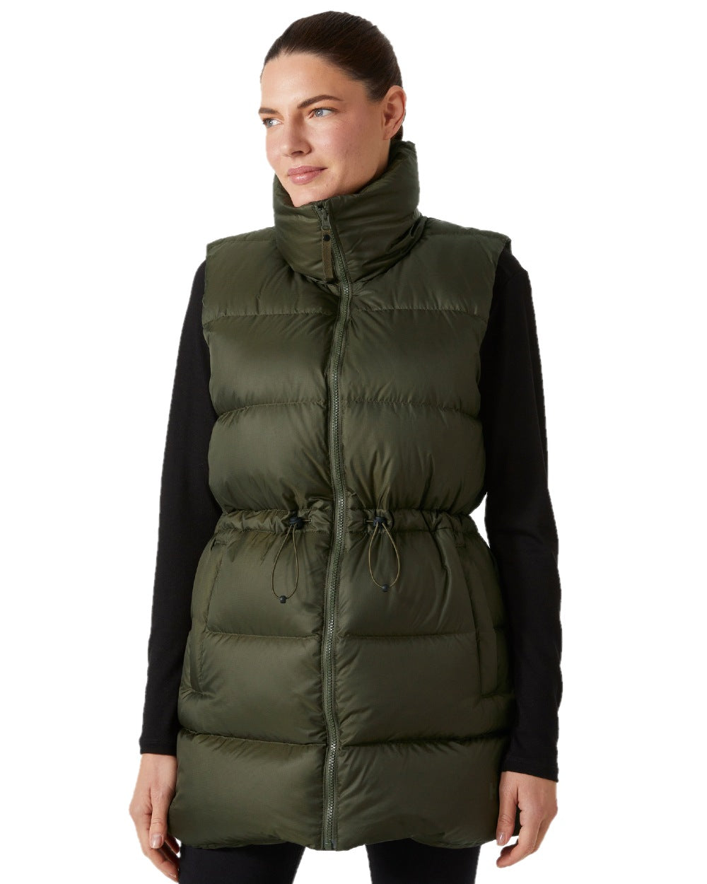 Utility Green Coloured Helly Hansen Womens Essence Down Vest on white background 