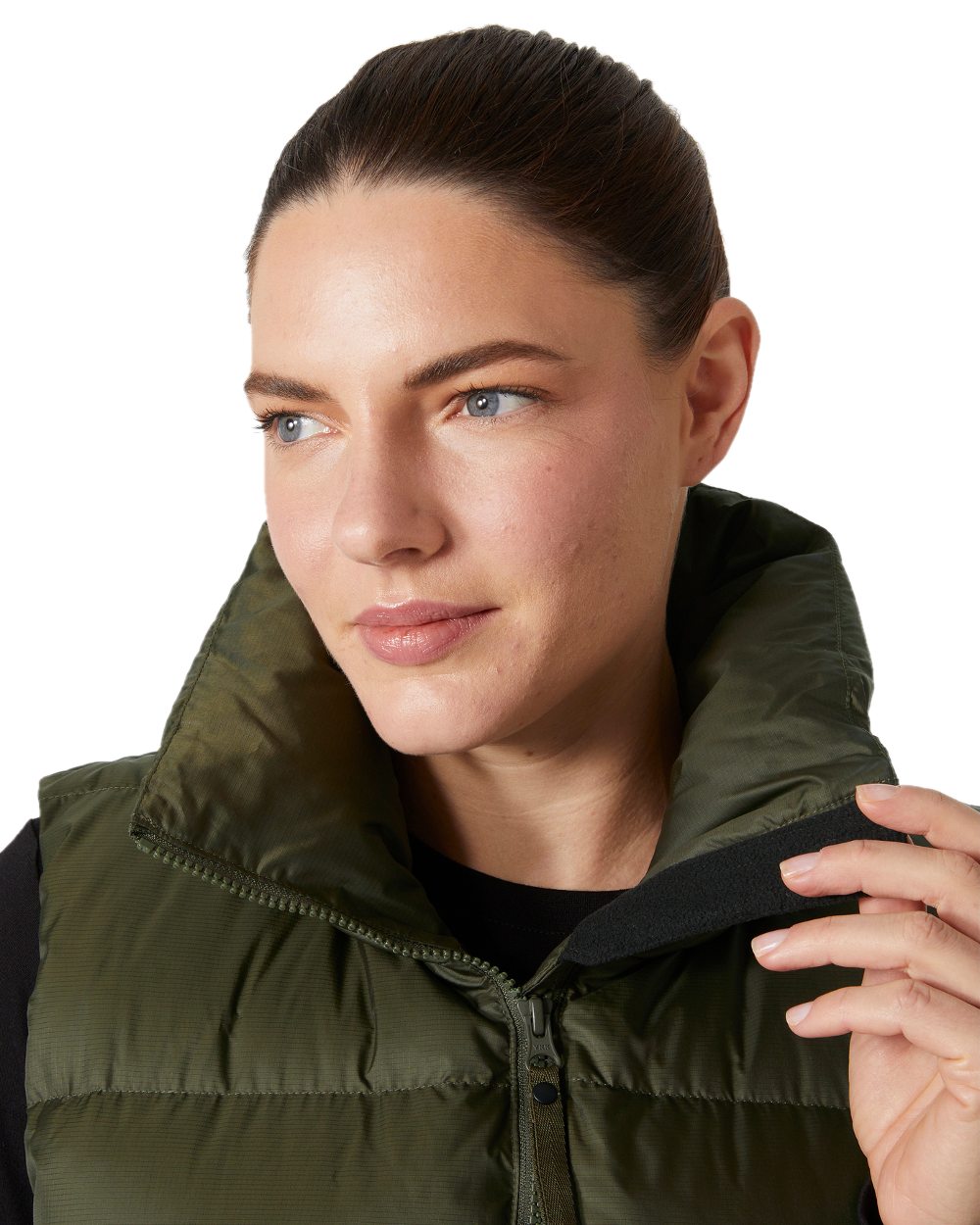 Utility Green Coloured Helly Hansen Womens Essence Down Vest on white background 