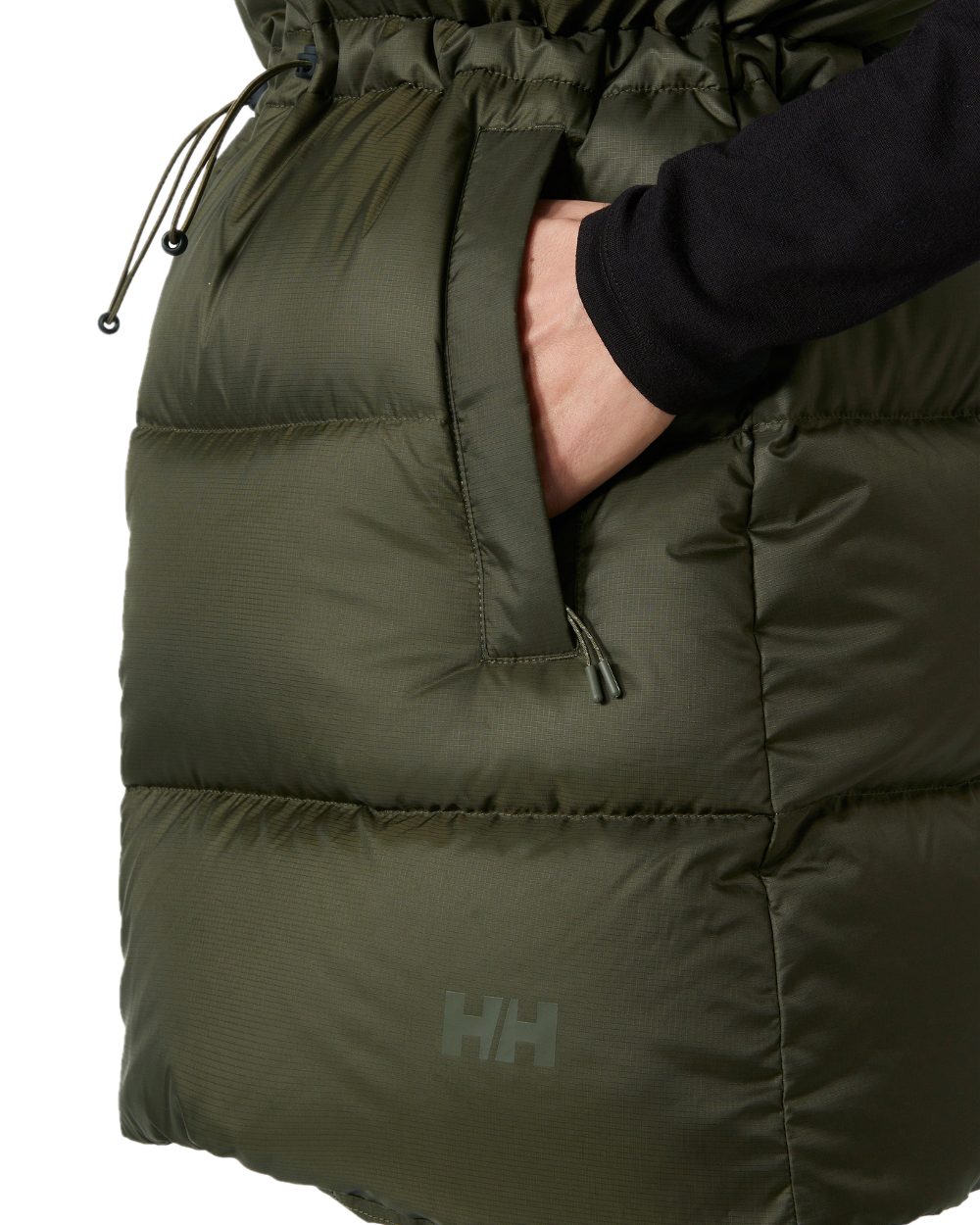 Utility Green Coloured Helly Hansen Womens Essence Down Vest on white background 