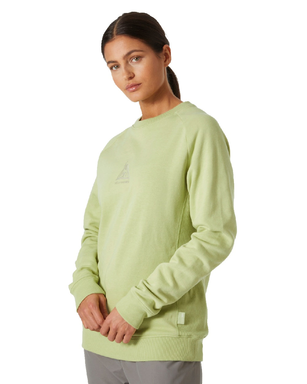 Iced Matcha Melange coloured Helly Hansen Womens F2F Organic Cotton Sweater on white background 