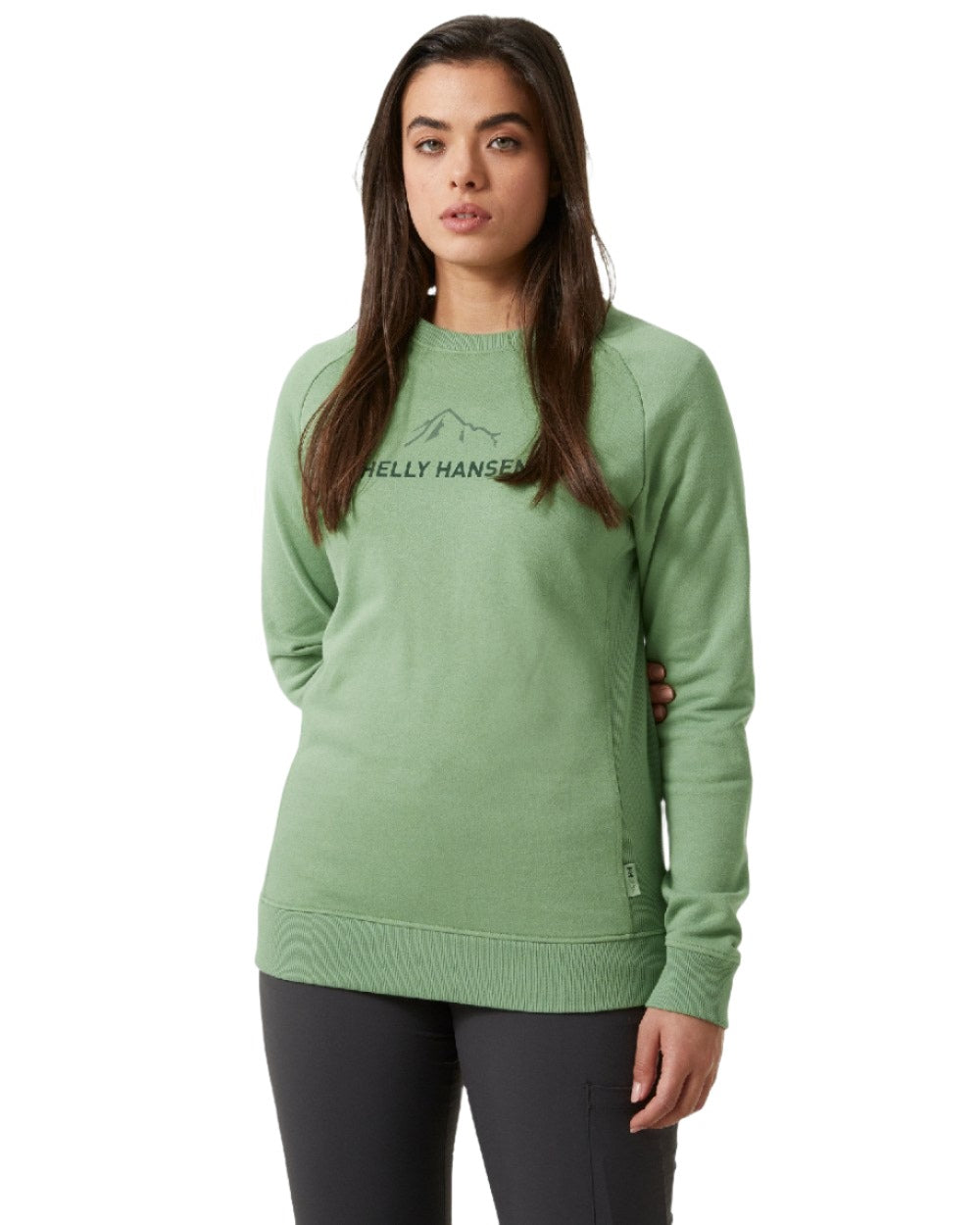 Jade 2 coloured Helly Hansen Womens F2F Organic Cotton Sweater on white background 