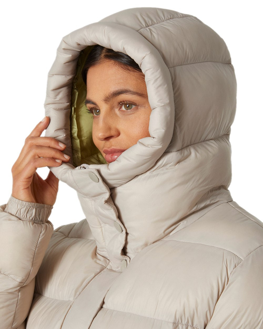 Mellow Grey Coloured Helly Hansen Womens Grace Puffy Parka on white background 