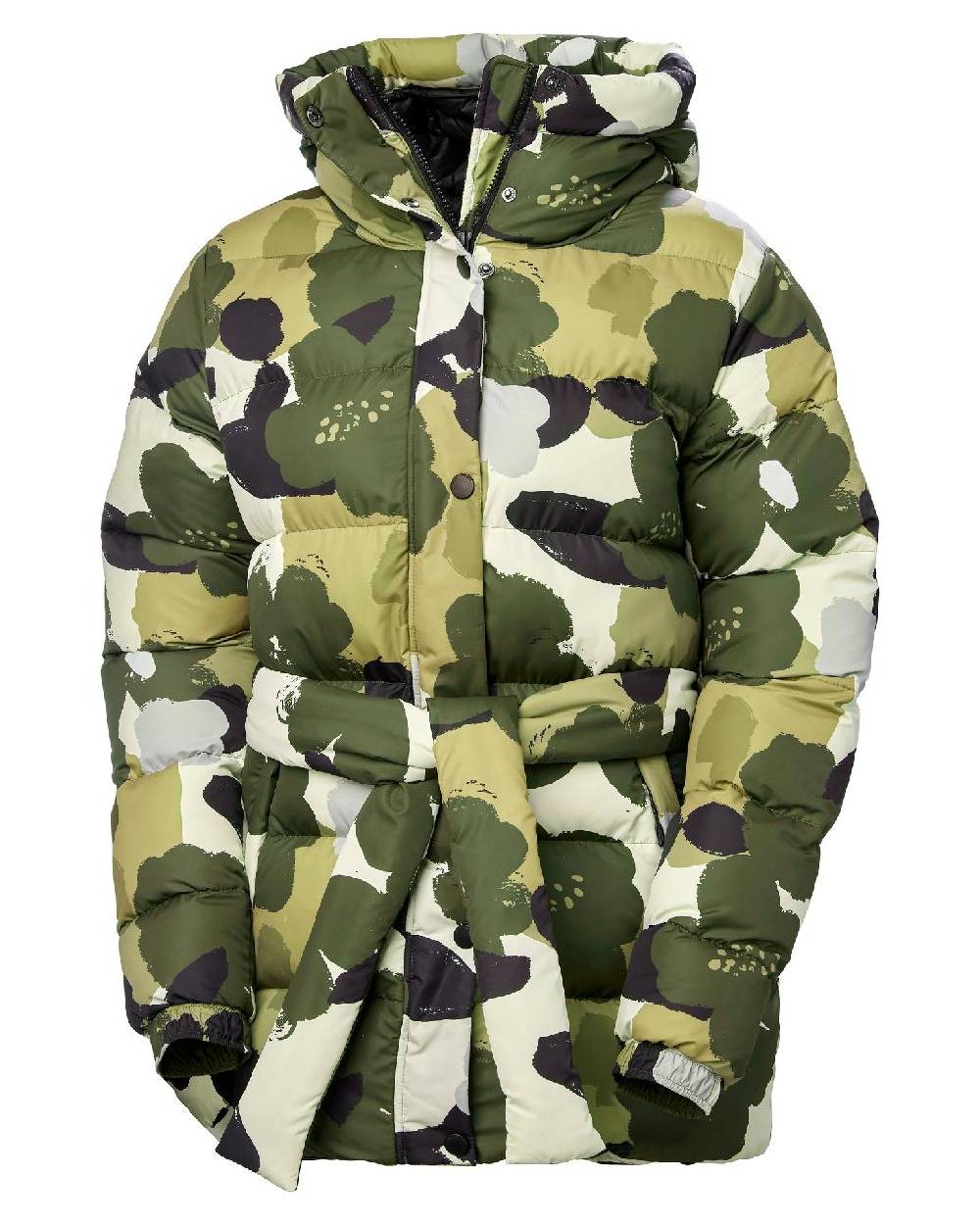 Utility Green Print Coloured Helly Hansen Womens Grace Puffy Parka on white background 