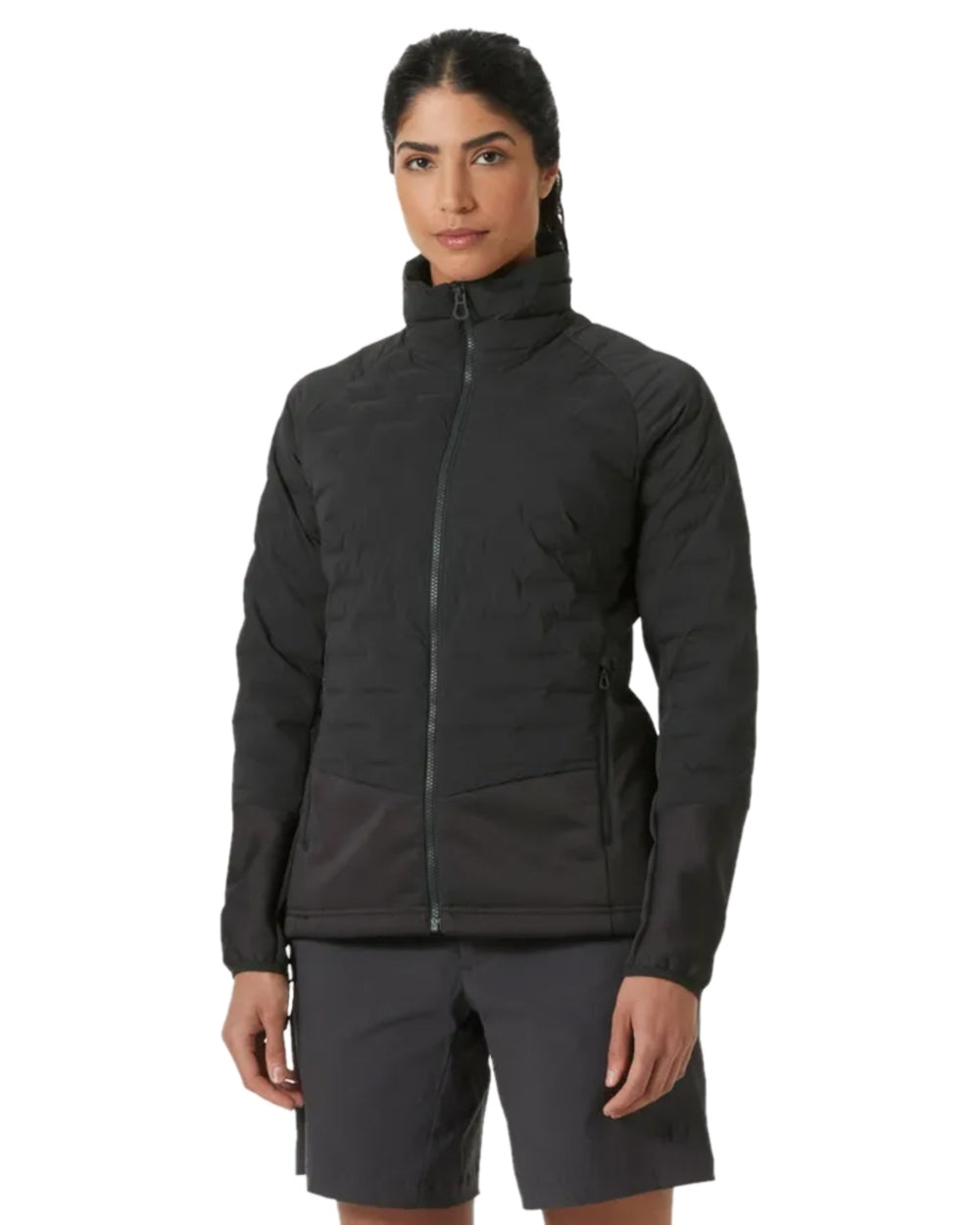 Ebony coloured Helly Hansen Womens HP Hybrid Stretch Insulator Jacket on white background 