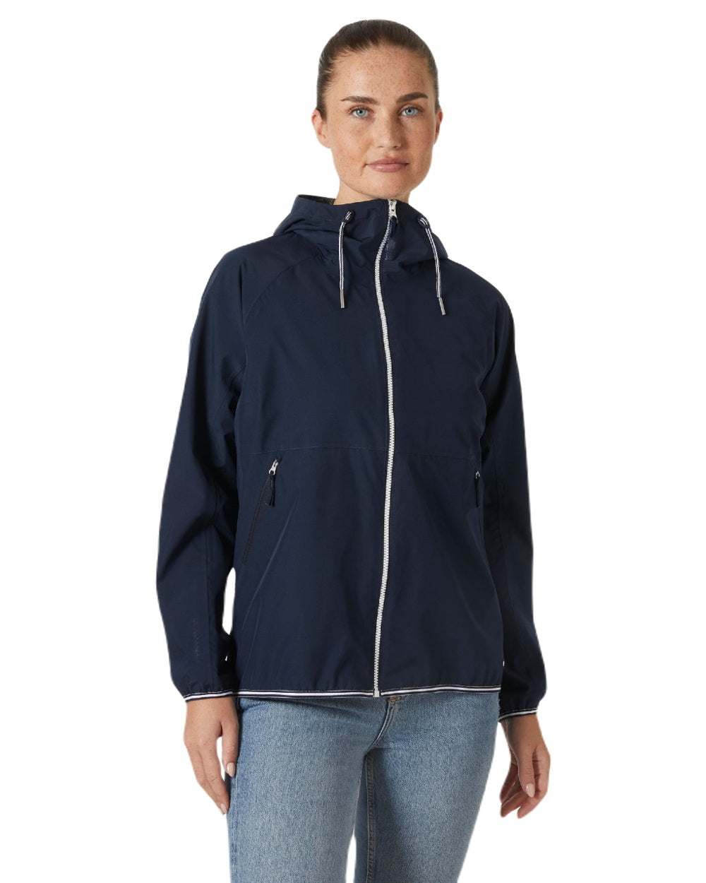 Navy coloured Helly Hansen Womens Koster Rain Jacket on white background 