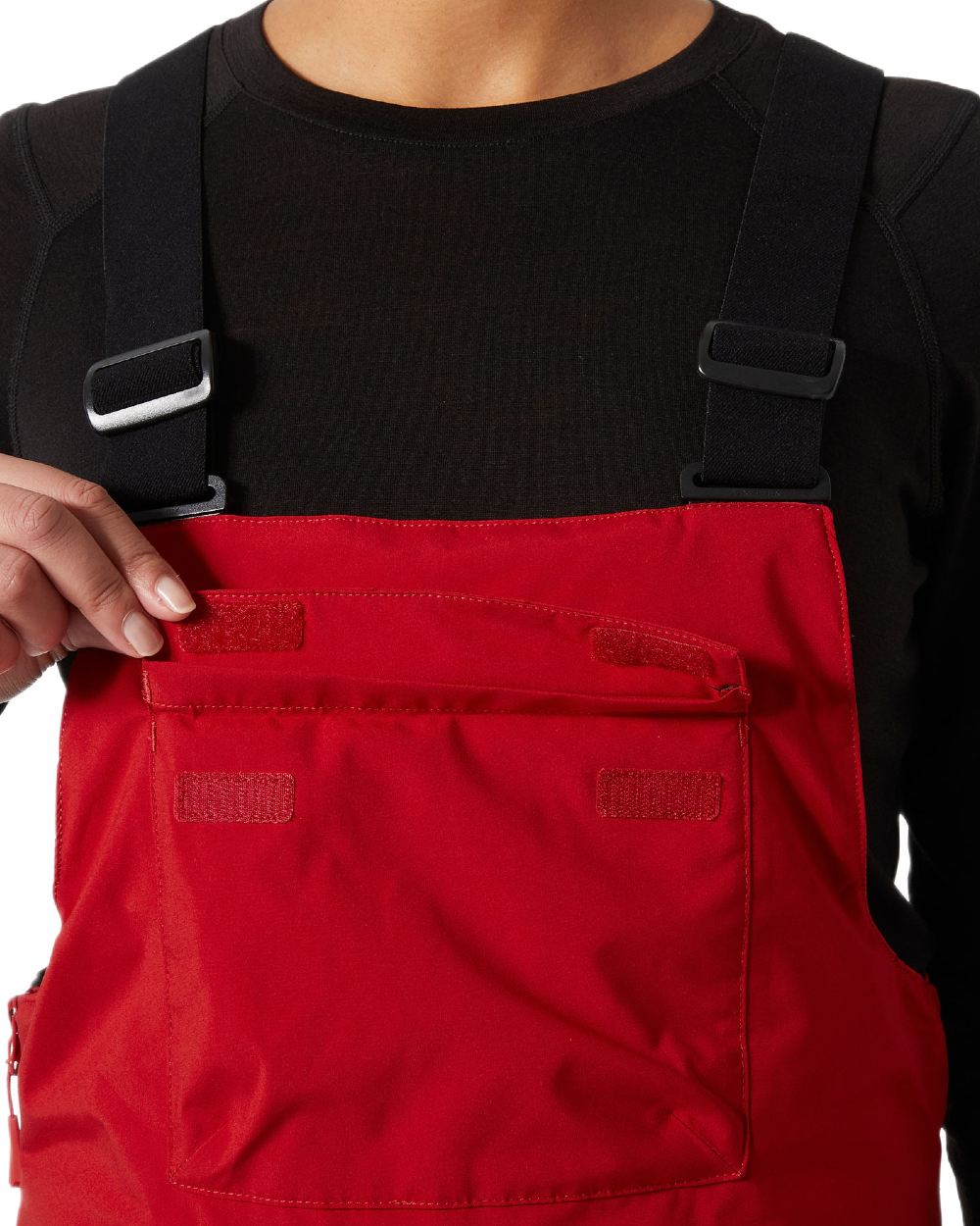 Red Coloured Helly Hansen Womens Legendary Insulated Bib Pants on white background 