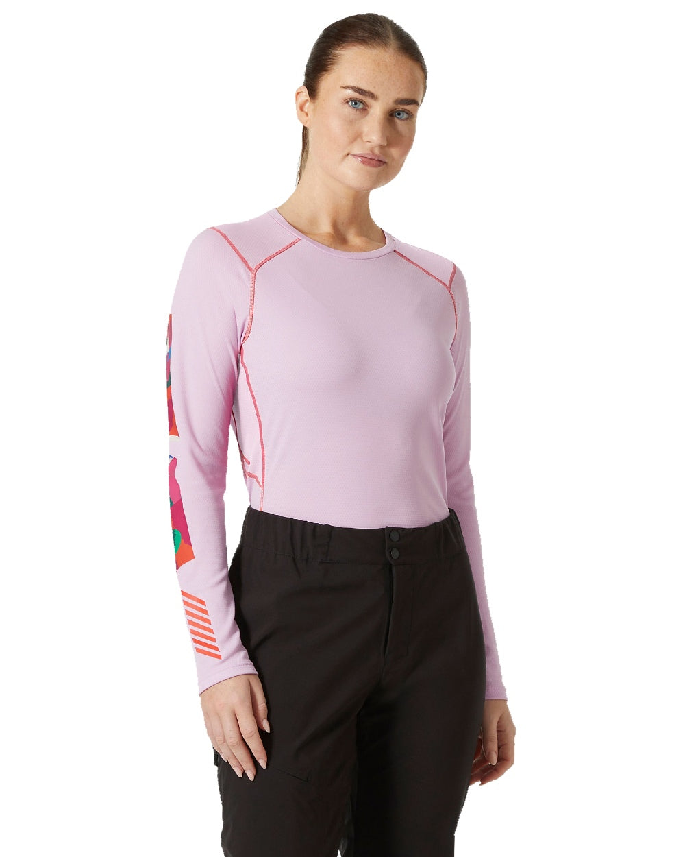 Cherry Blossom Apres Print Coloured Helly Hansen Womens Lifa Active Crew Base Layer on white background 