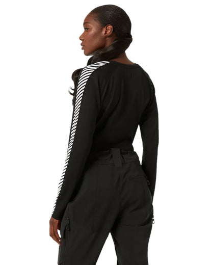 Black Coloured Helly Hansen Womens Lifa Active Stripe Crew Base Layer on white background 