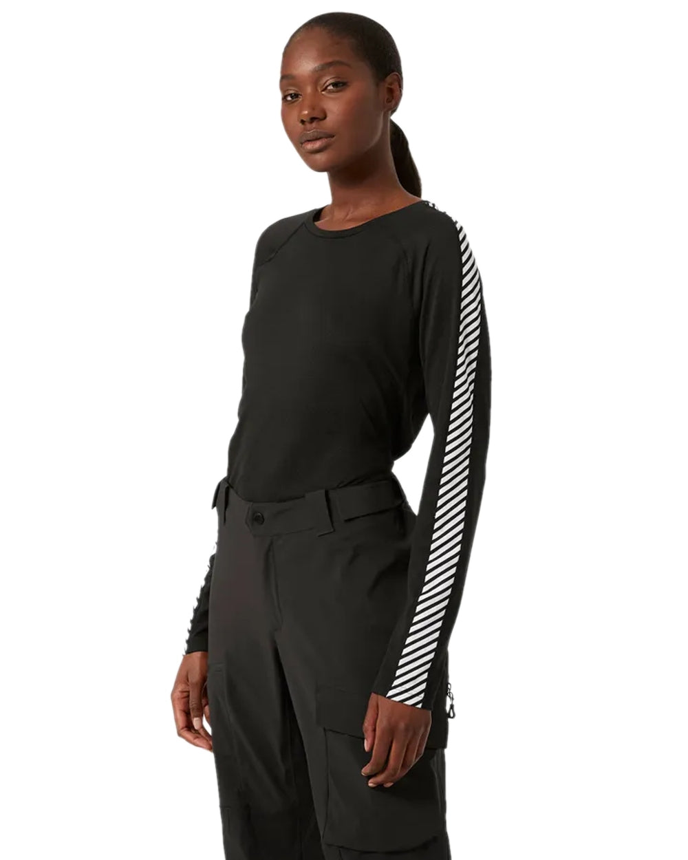 Black Coloured Helly Hansen Womens Lifa Active Stripe Crew Base Layer on white background 