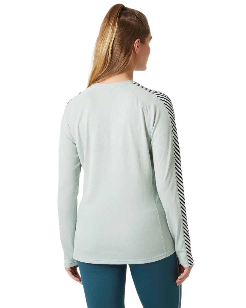 Green Mist Coloured Helly Hansen Womens Lifa Active Stripe Crew Base Layer on white background 