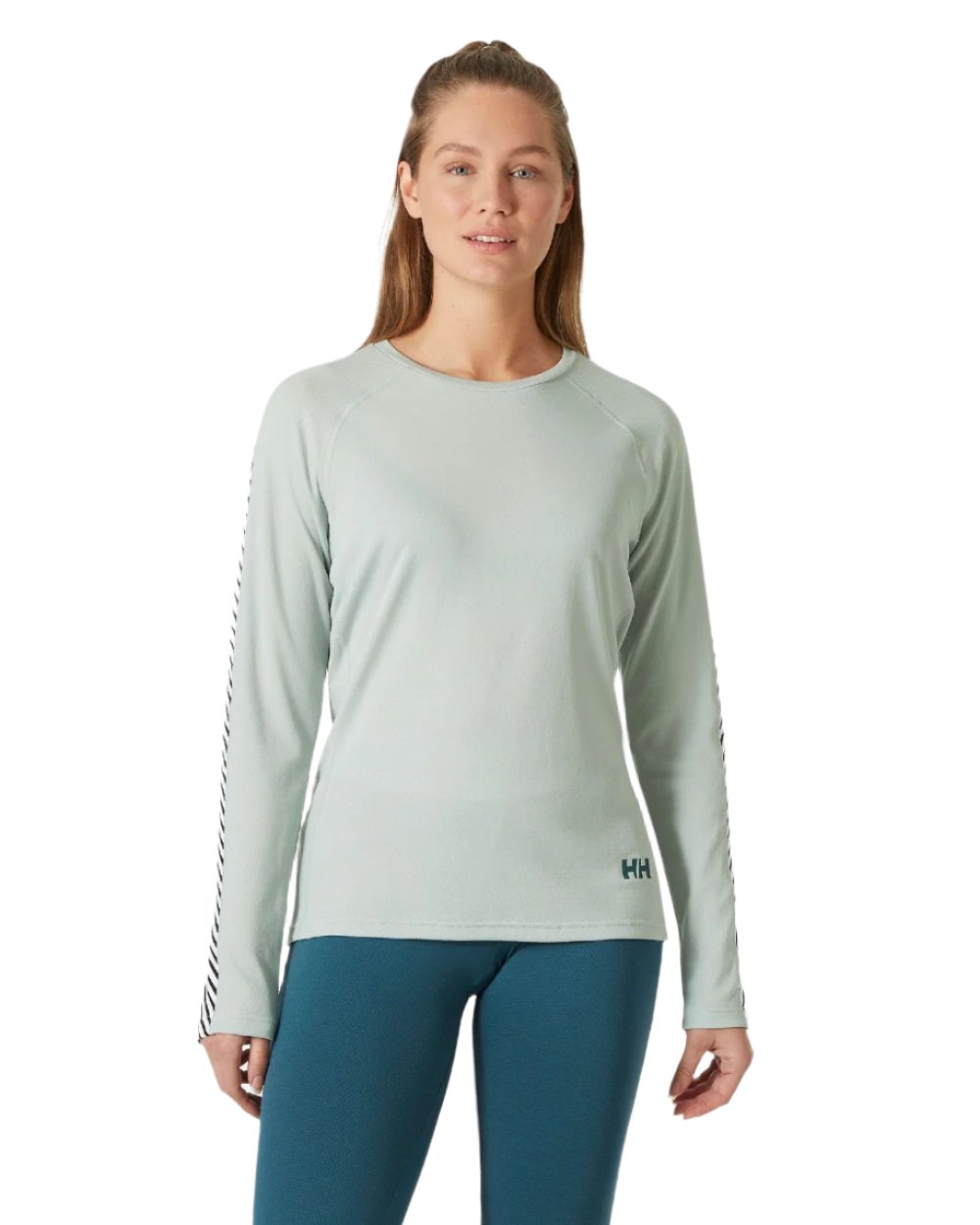 Green Mist Coloured Helly Hansen Womens Lifa Active Stripe Crew Base Layer on white background 