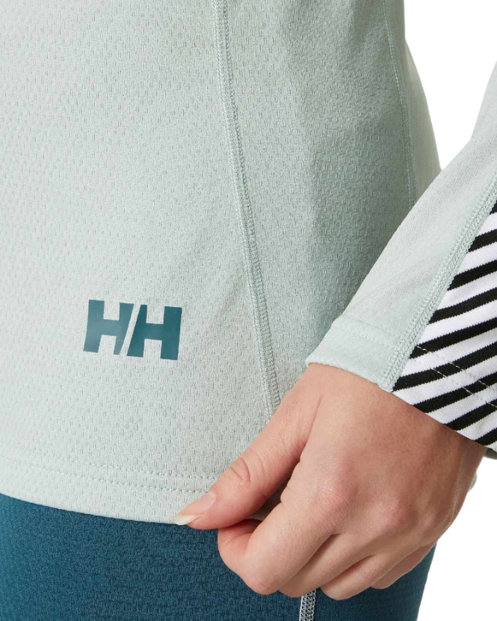 Green Mist Coloured Helly Hansen Womens Lifa Active Stripe Crew Base Layer on white background 