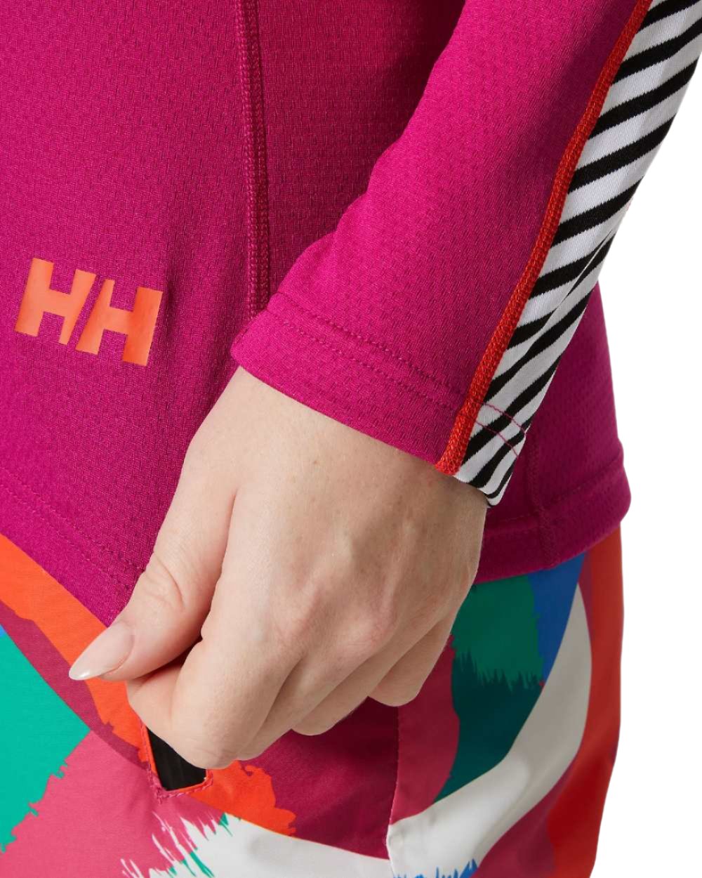 Magenta 2 Coloured Helly Hansen Womens Lifa Active Stripe Crew Base Layer on white background 