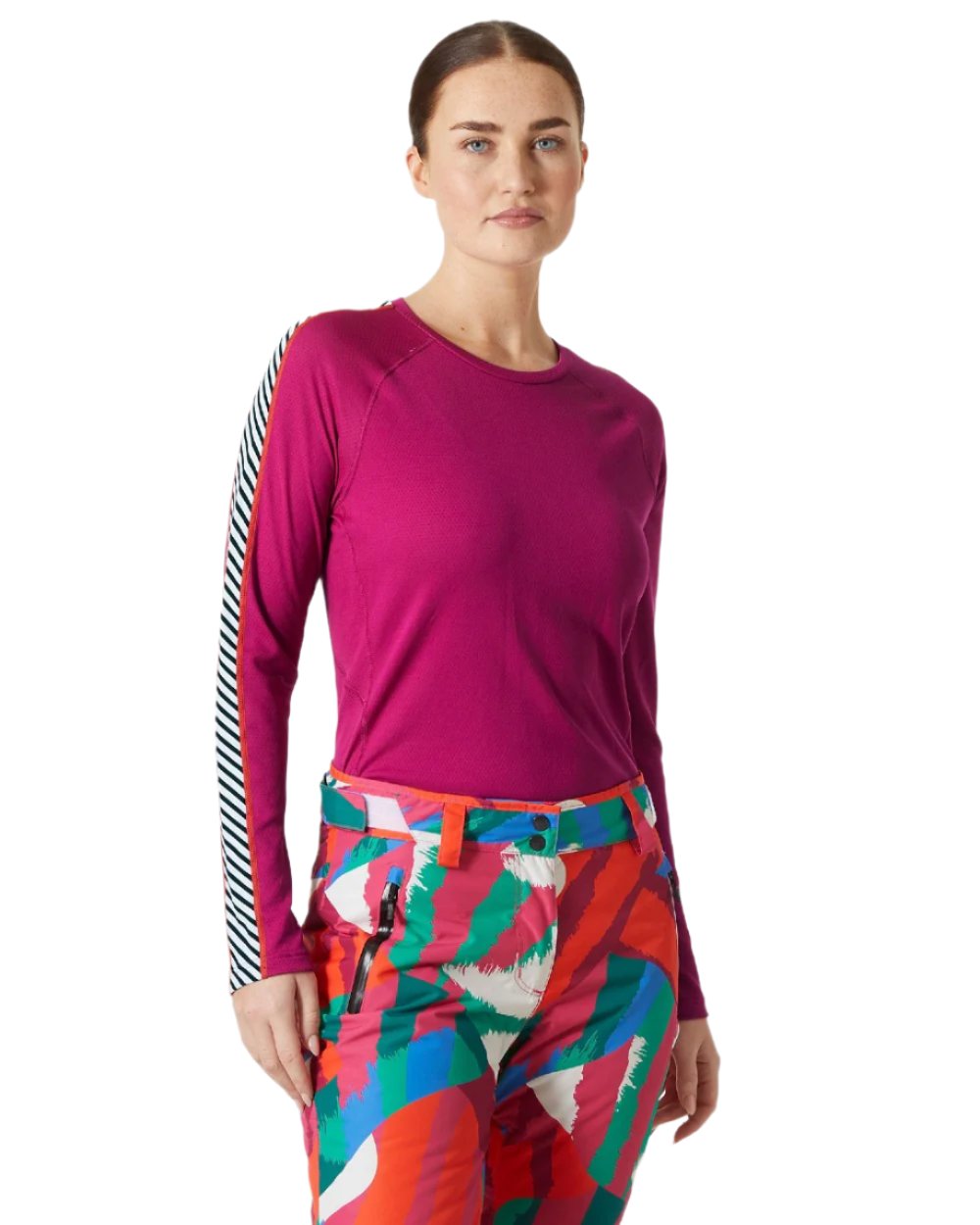 Magenta 2 Coloured Helly Hansen Womens Lifa Active Stripe Crew Base Layer on white background 