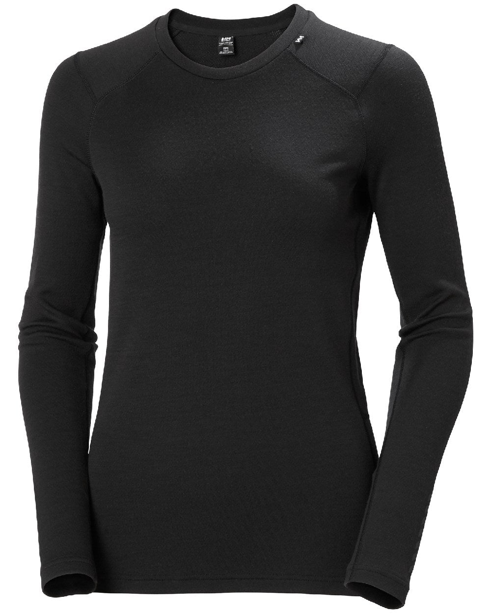 Black Coloured Helly Hansen Womens Lifa Merino Midweight Crew Base Layer on white background 