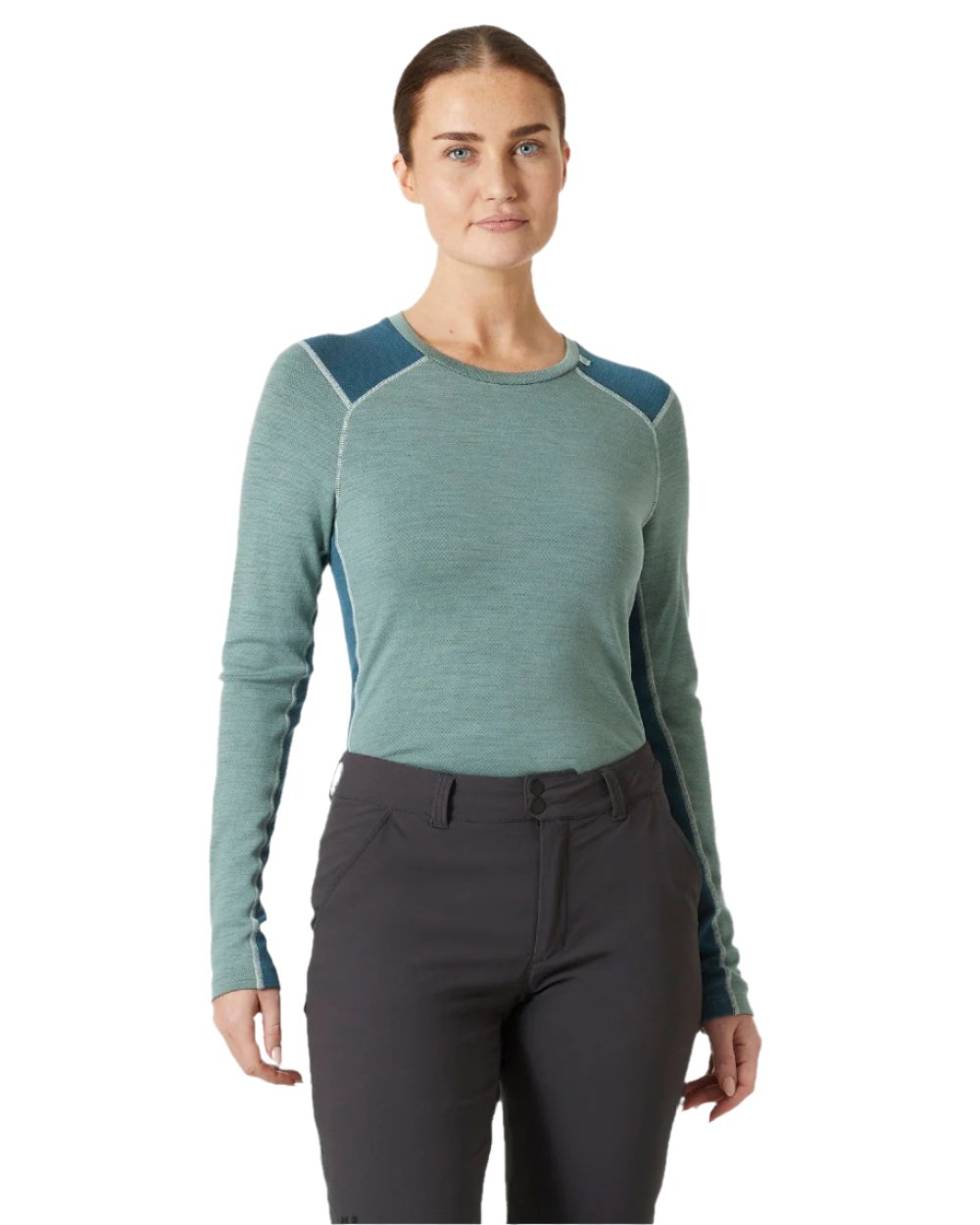 Cactus Coloured Helly Hansen Womens Lifa Merino Midweight Crew Base Layer on white background 