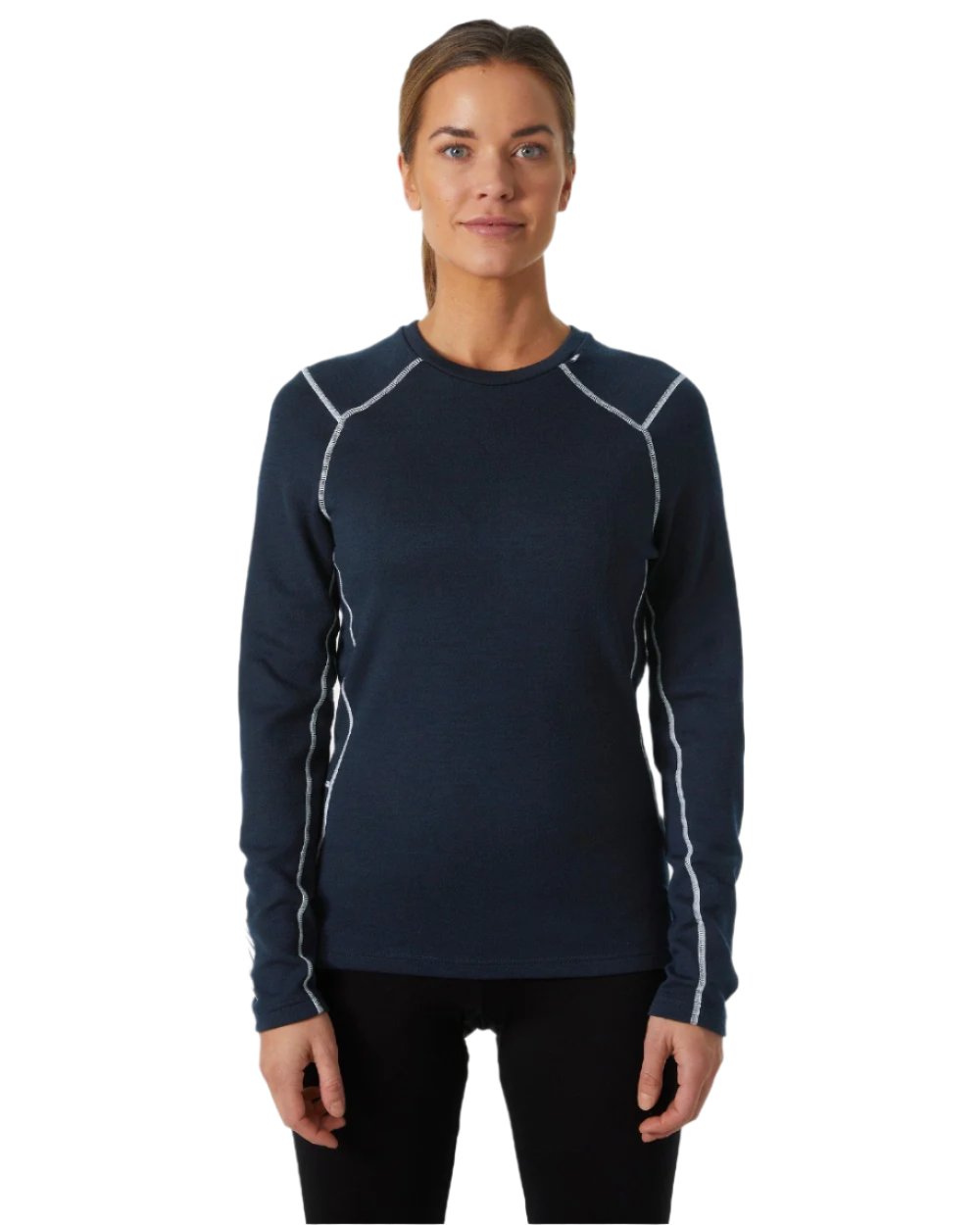 Navy Coloured Helly Hansen Womens Lifa Merino Midweight Crew Base Layer on white background 