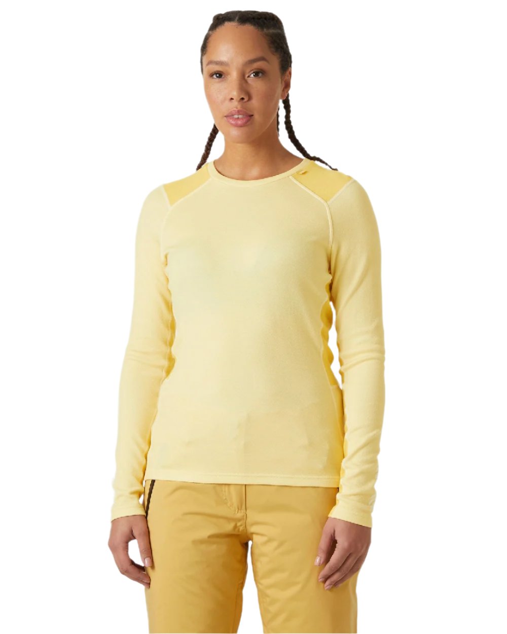 Yellow Cream Coloured Helly Hansen Womens Lifa Merino Midweight Crew Base Layer on white background 