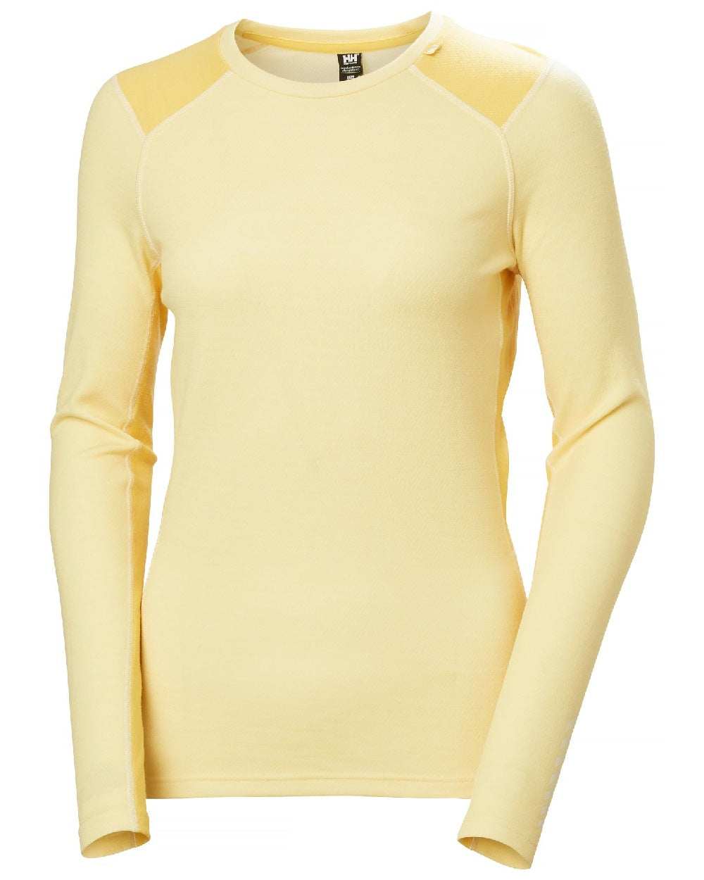 Yellow Cream Coloured Helly Hansen Womens Lifa Merino Midweight Crew Base Layer on white background 