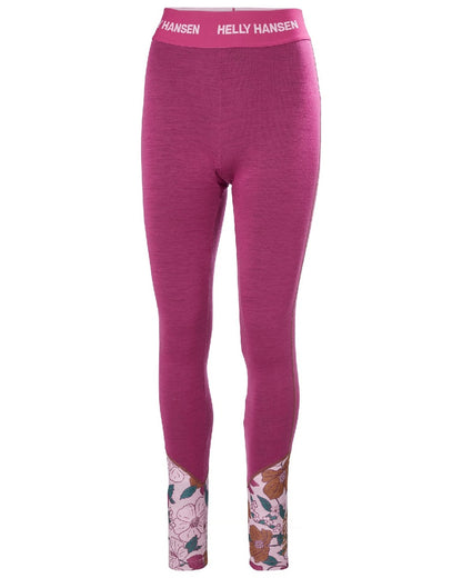 Magenta 2 Floral Aop Coloured Helly Hansen Womens Lifa Merino Midweight Graphic Base Layer Pants on white background 