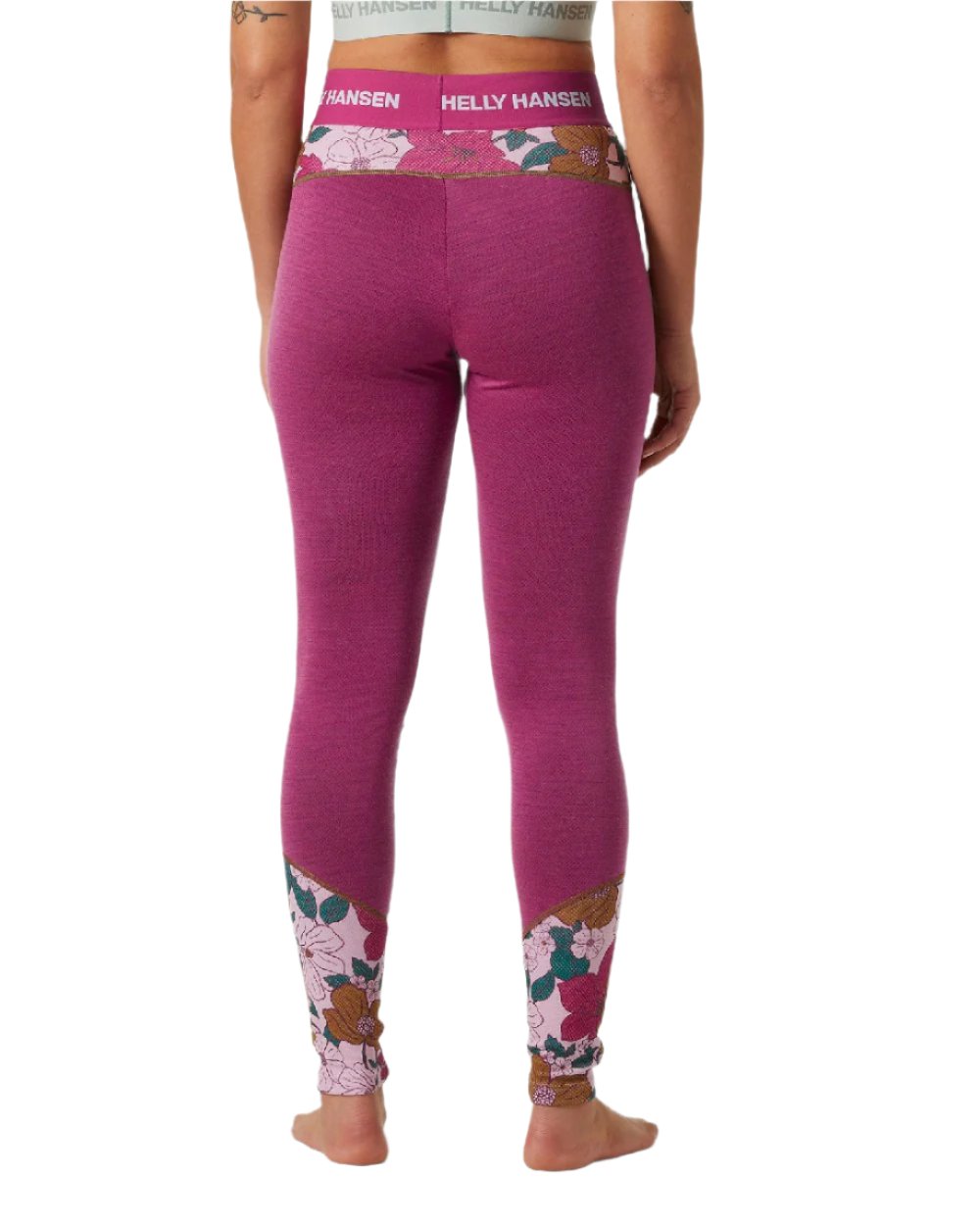 Magenta 2 Floral Aop Coloured Helly Hansen Womens Lifa Merino Midweight Graphic Base Layer Pants on white background 