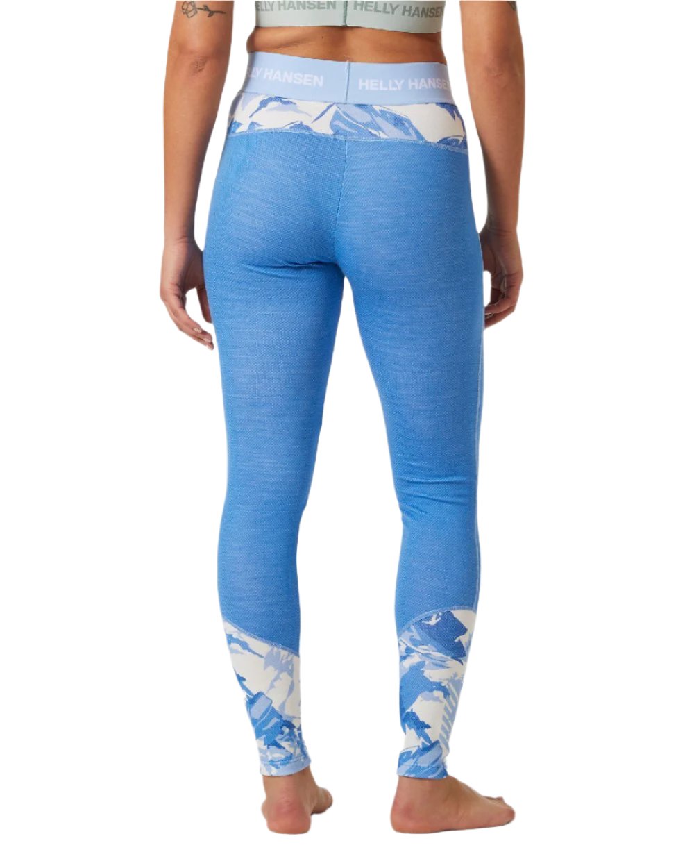 Ultra Blue Mountain Camo A Coloured Helly Hansen Womens Lifa Merino Midweight Graphic Base Layer Pants on white background 