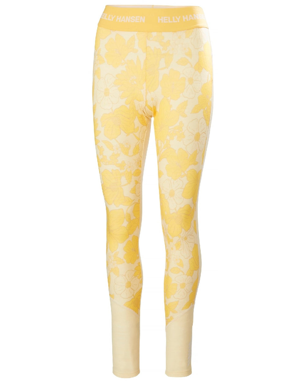 Yellow Cream Floral Aop Coloured Helly Hansen Womens Lifa Merino Midweight Graphic Base Layer Pants on white background 