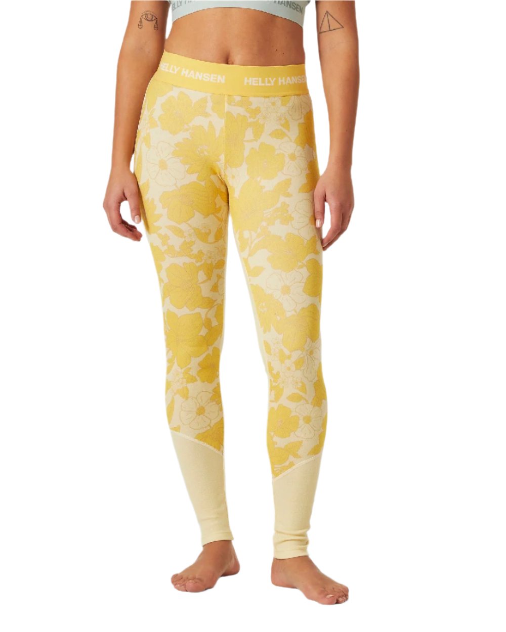 Yellow Cream Floral Aop Coloured Helly Hansen Womens Lifa Merino Midweight Graphic Base Layer Pants on white background 