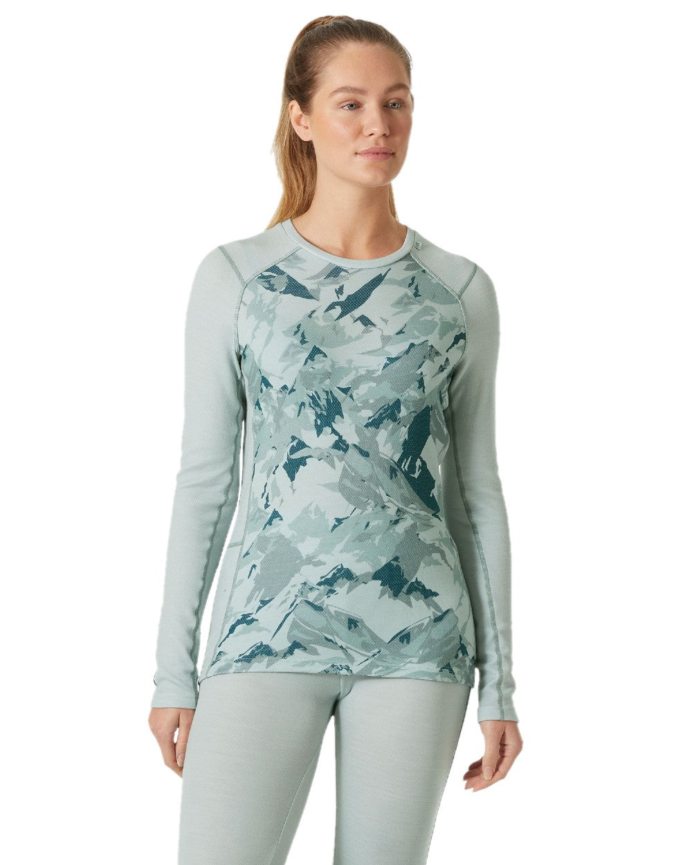 Green Mist Mountain Camo 
 Coloured Helly Hansen Womens Lifa Merino Midweight Graphic Long Sleeve Crew Base Layer on white background 