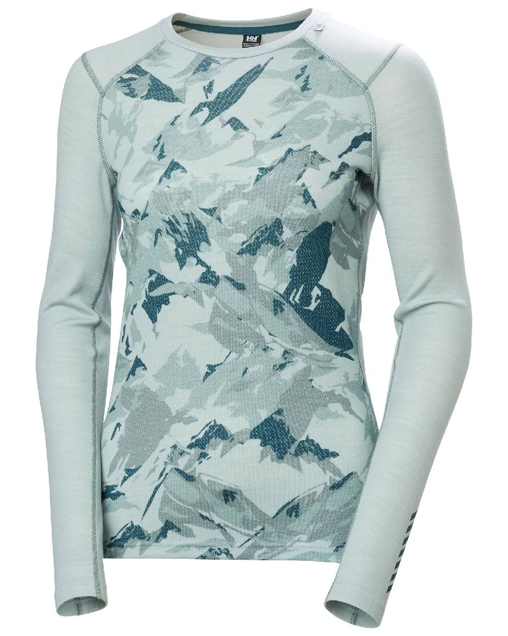 Green Mist Mountain Camo Coloured Helly Hansen Womens Lifa Merino Midweight Graphic Long Sleeve Crew Base Layer on white background 