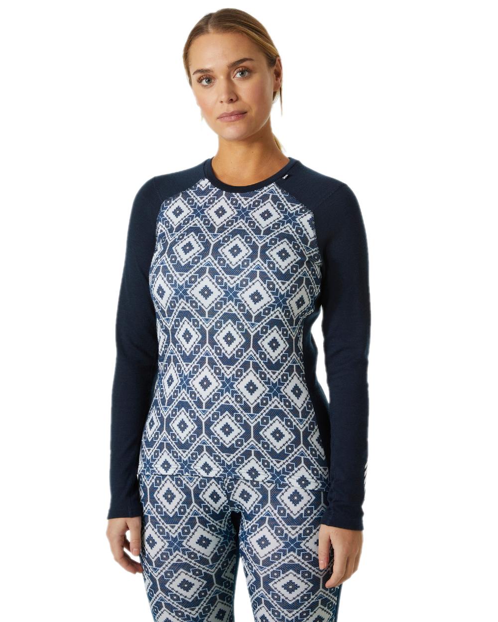 Navy Star Pixel Coloured Helly Hansen Womens Lifa Merino Midweight Graphic Long Sleeve Crew Base Layer on white background 