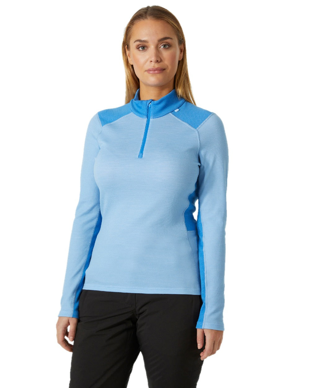 Bright Blue Coloured Helly Hansen Womens Lifa Merino Midweight Half-Zip Base Layer on white background 