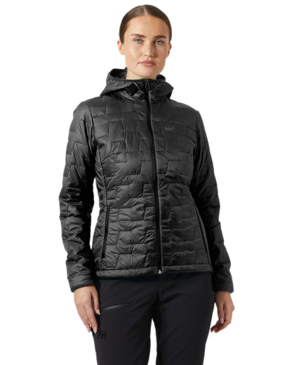 Black Matte Coloured Helly Hansen Womens Lifaloft Hooded Insulated Jacket on white background 