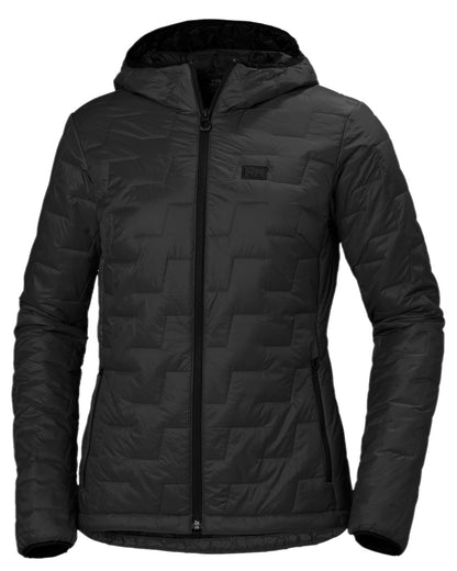 Black Matte Coloured Helly Hansen Womens Lifaloft Hooded Insulated Jacket on white background 