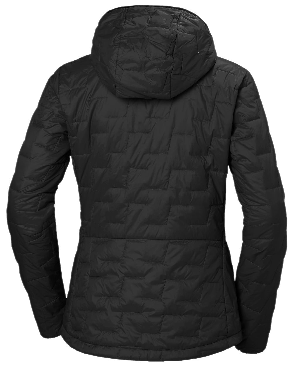 Black Matte Coloured Helly Hansen Womens Lifaloft Hooded Insulated Jacket on white background 