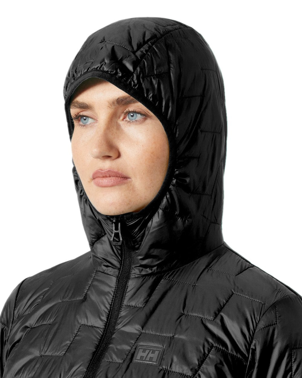 Black Matte Coloured Helly Hansen Womens Lifaloft Hooded Insulated Jacket on white background 