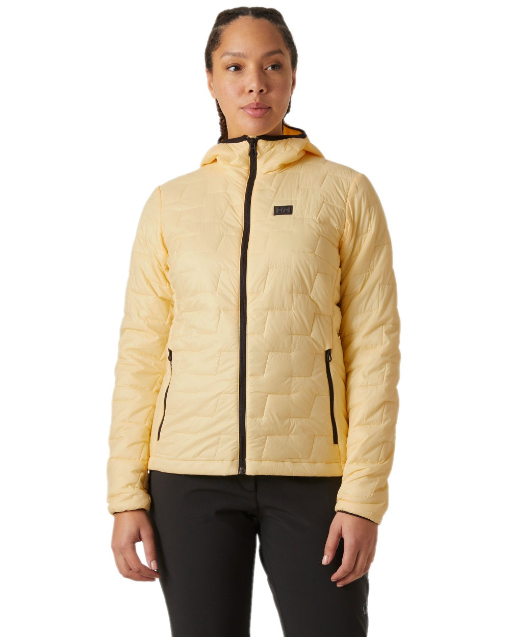 Yellow Cream Coloured Helly Hansen Womens Lifaloft Hooded Insulated Jacket on white background 