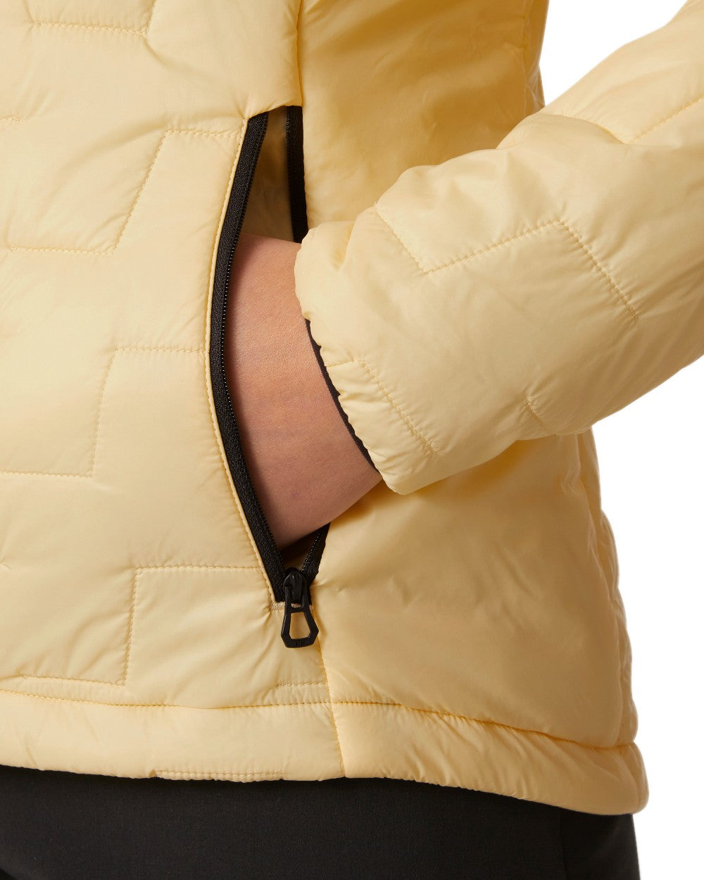 Yellow Cream Coloured Helly Hansen Womens Lifaloft Hooded Insulated Jacket on white background 